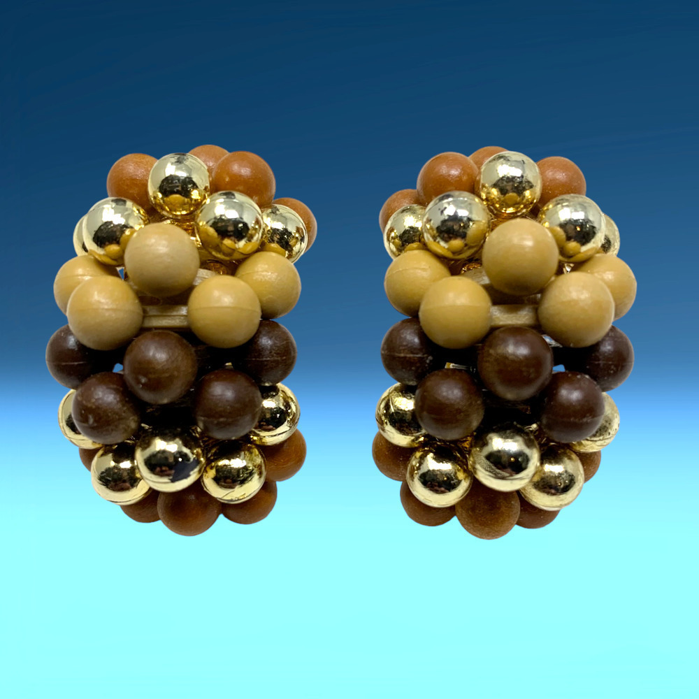 Vintage 1980s Earrings Earth Tones Acrylic Semi Hoop Cluster Clip On Huggie Wrap